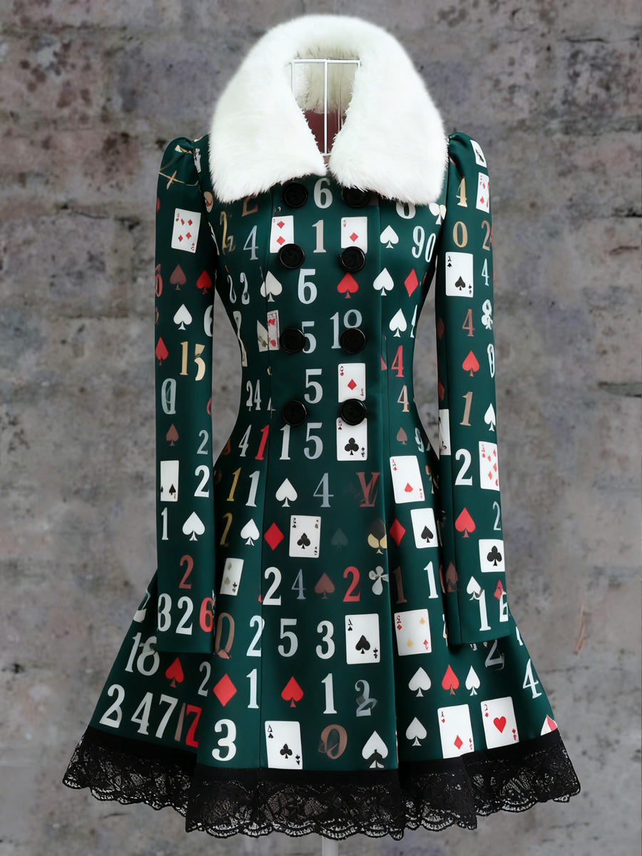 Retro Poker Art Print Vintage Elegance Fur Collar Button Up Long Sleeve Midi Dress